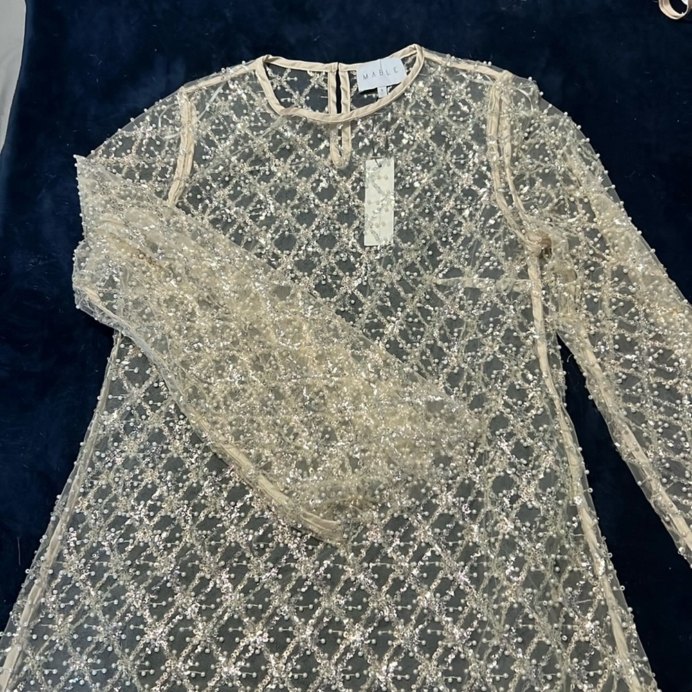 bell sleeve glitter overlay dress